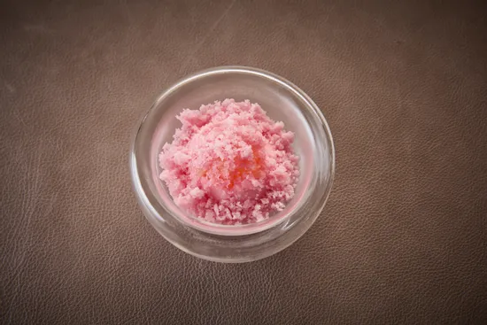 Plate with dish, Koji – Floral sorbet – Pear – Yuzu