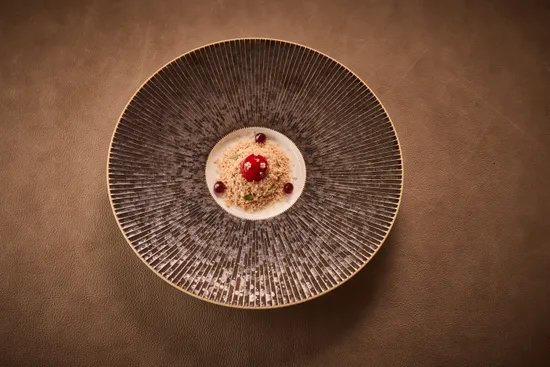 Plate with dish, Duck rillette – Smoked duck liver – Sour cherry – Brioche