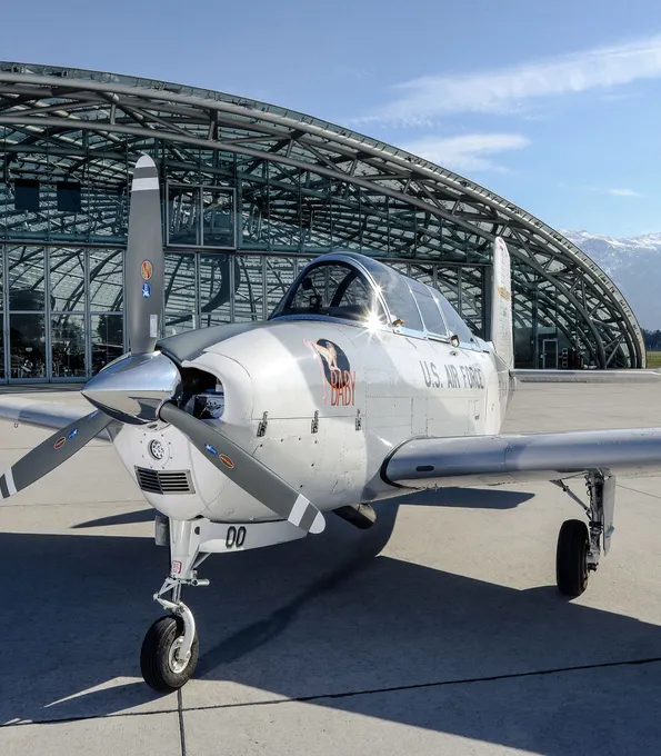 Beech T-34 Mentor air craft in front of Red Bull Hangar-7 