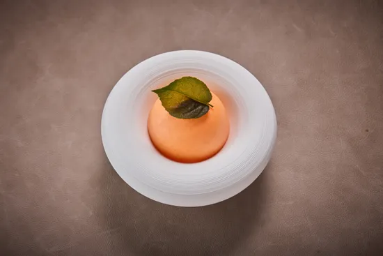 Plate with dish, Mandarin tardivo – Yoghurt – Mint – Ginger (by Martin Klein & Ikarus Team)