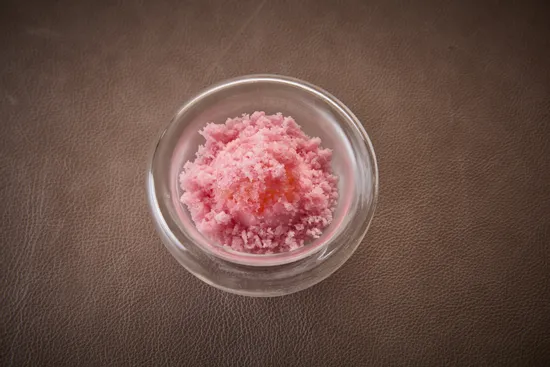 Plate with dish, Koji – Floral sorbet – Pear – Yuzu