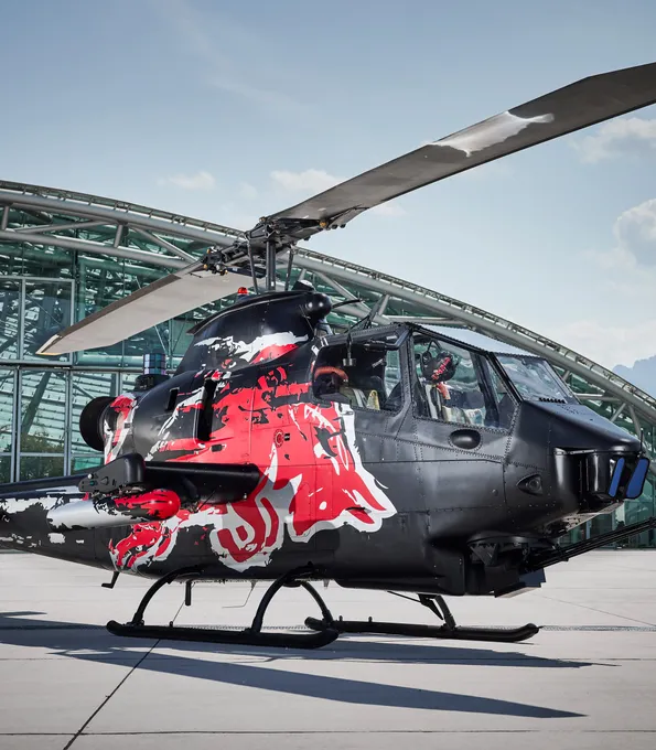 Bell Cobra TAH-1F Helicopter in front of Red Bull Hangar-7 