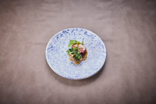 Dish of July Guest Chef Rafa Costa e Silva, Iberico pork – Fennel – Jerusalem artichoke – Sansho leaves