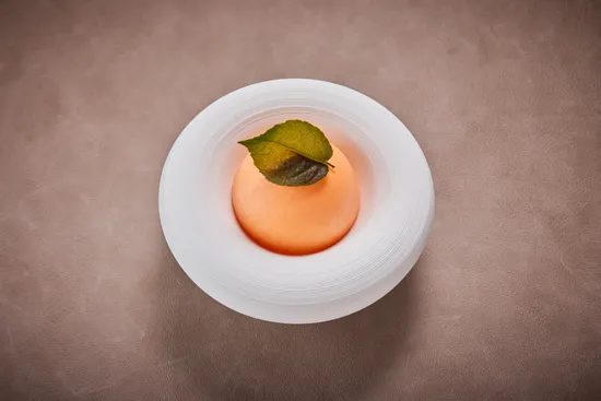 Plate with dish, Mandarin tardivo – Yoghurt – Mint – Ginger (by Martin Klein & Ikarus Team)