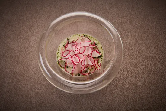 Plate with dish, Hiramasa – Radish – Kaffir lime – Green chili