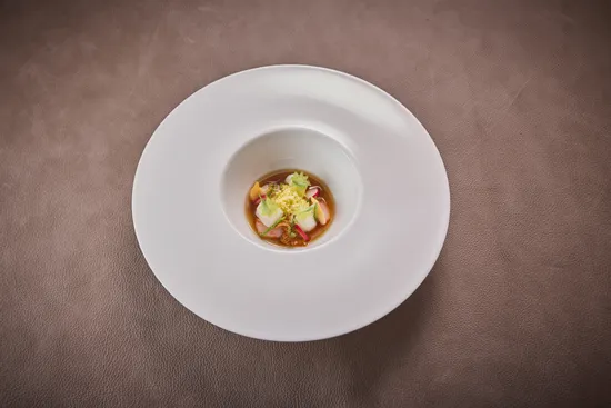 Plate with dish, Majorcan red prawn Cuttlefish – Clams – Salicorn – Palo cortado vinaigrette