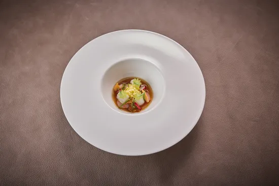 Plate with dish, Majorcan red prawn Cuttlefish – Clams – Salicorn – Palo cortado vinaigrette