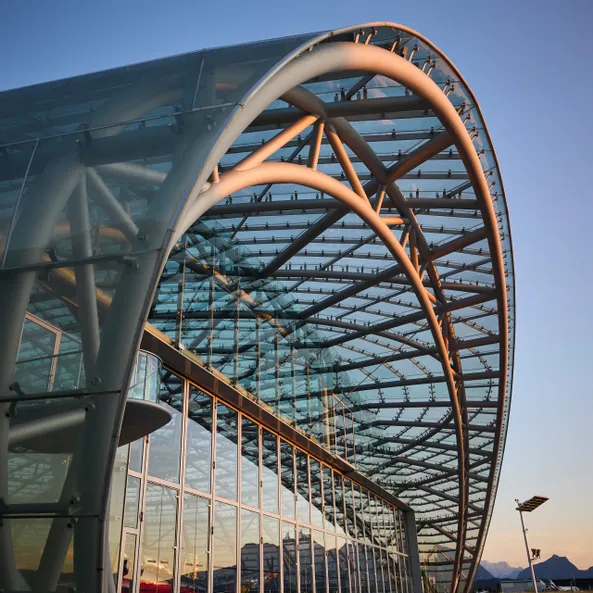 Outside view of Hangar-7 during sunset 