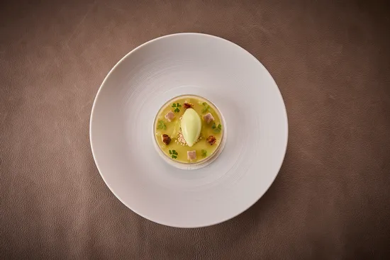 Plate with dish, Foie gras – Granny Smith apple – Celery – Eel – Walnut