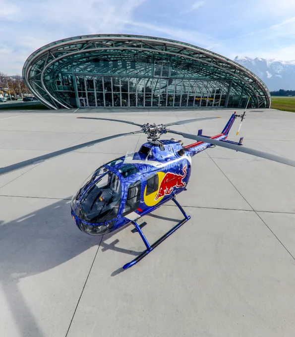 BO 105 C Helicopter in front of Red Bull Hangar-7 