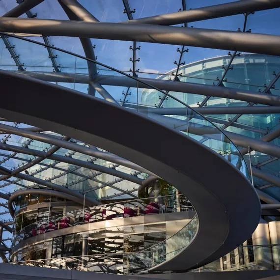 Interior view of Hangar-7 showing its glass-and-steel architecture
