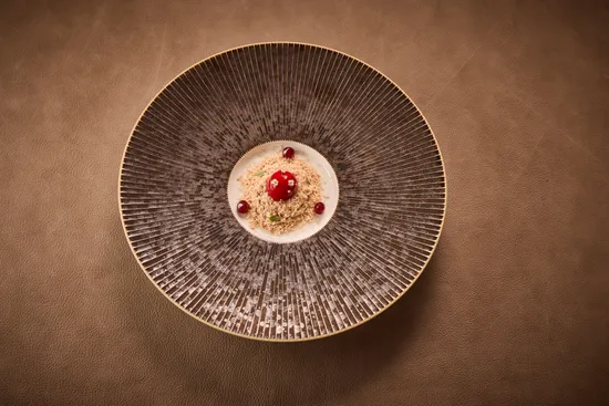 Plate with dish, Duck rillette – Smoked duck liver – Sour cherry – Brioche