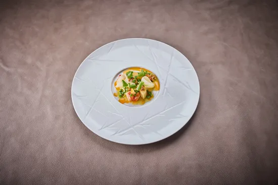 Dish of July Guest Chef Rafa Costa e Silva, Palm hearts – Carabinero prawn – Brazil nuts – Beans